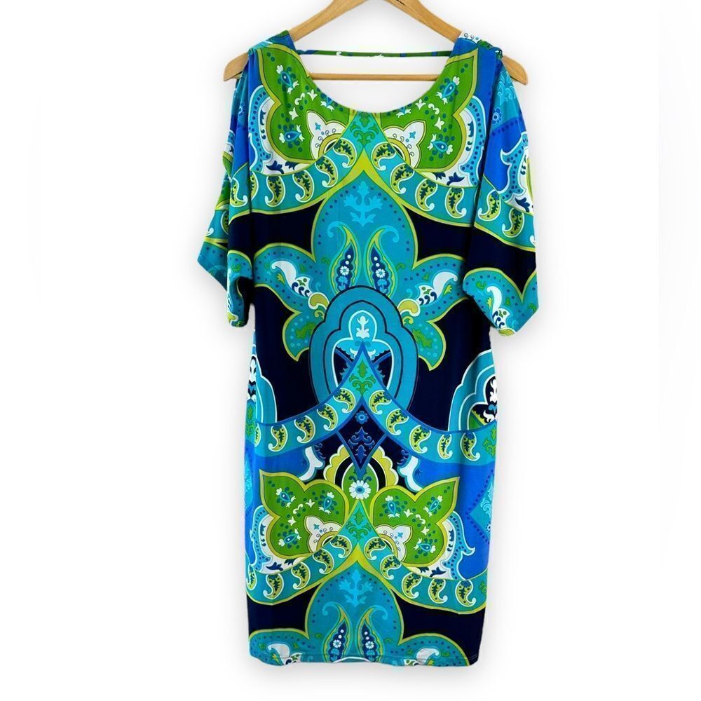 Clues Collections green & blue bold print dress‎ size M